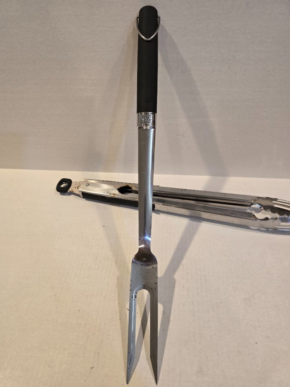 Bobby Flay Grill Set Fork Tongs Stainless Steel Black Plastic Used